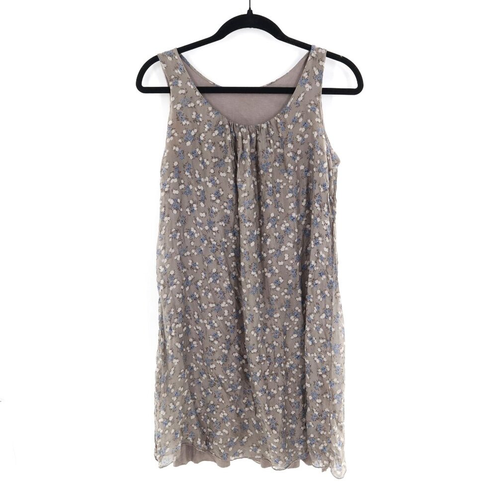 Silk Ditzy Floral Babydoll Dress Womens S Gray Boho Bohemian Cottagecore Neutral